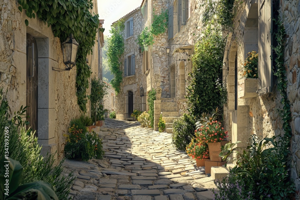 Winding cobblestone pathway surrounded by historic stone buildings adorned with vibrant plants. Sunlight casts a warm glow on the peaceful village scene, inviting exploration and relaxation.