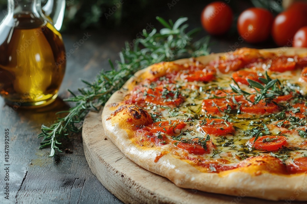 A delicious pizza topped with ripe tomatoes and aromatic herbs is displayed on a wooden board. Nearby, a glass jar of olive oil glistens under soft lighting, enhancing the rustic atmosphere.