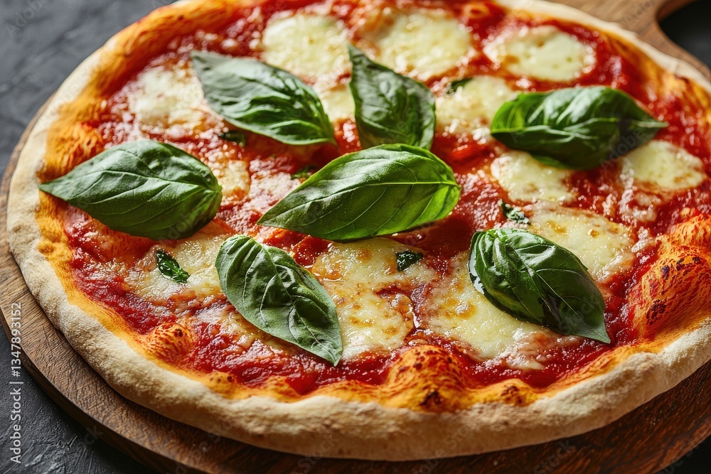 A freshly baked pizza sits on a wooden board, adorned with vibrant green basil leaves and melted cheese. The crust is golden and crispy, showcasing a rich tomato sauce underneath.