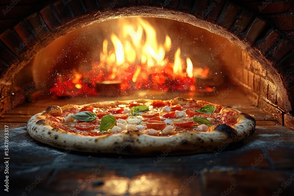 A fresh pepperoni pizza is baking in a wood-fired oven, with flames dancing in the background. The crust is golden brown, and toppings including tomato sauce and mozzarella are visible.