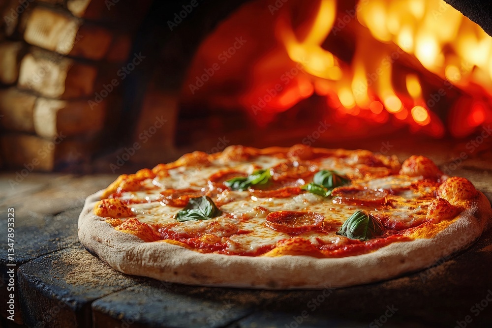 A delicious pepperoni pizza is emerging from a rustic wood-fired oven, showcasing melted cheese and fresh basil. The warm glow of the flames highlights the appetizing crust and toppings.
