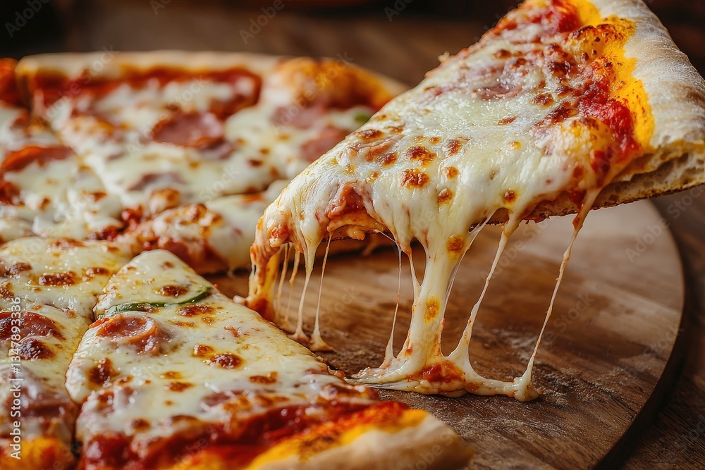 A freshly baked cheese pizza shows a golden crust topped with melted cheese and savory tomato sauce. One slice is lifted, revealing stretchy cheese and inviting toppings.