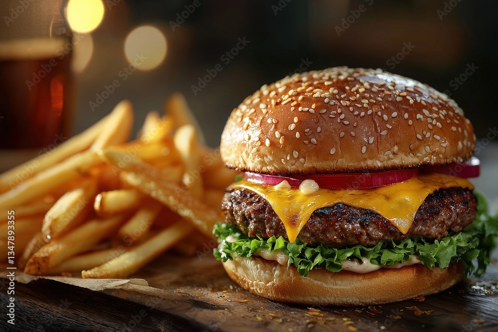 A well-crafted cheeseburger sits on a plate next to crispy golden fries.