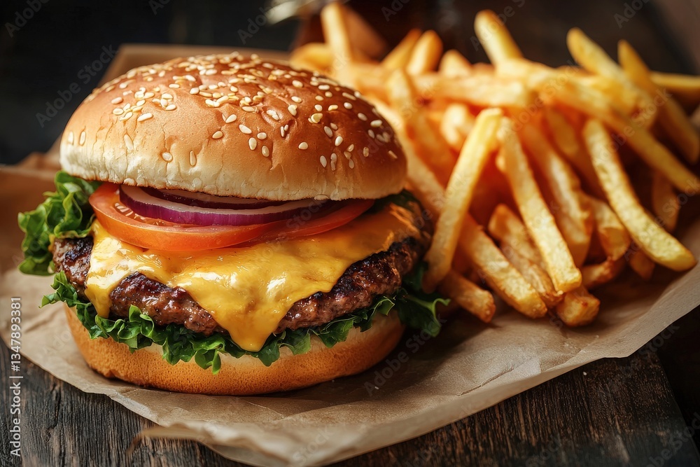 A mouthwatering burger featuring a juicy beef patty topped with melted cheese, fresh lettuce, tomato, and onion, accompanied by crispy golden fries on a wooden table.