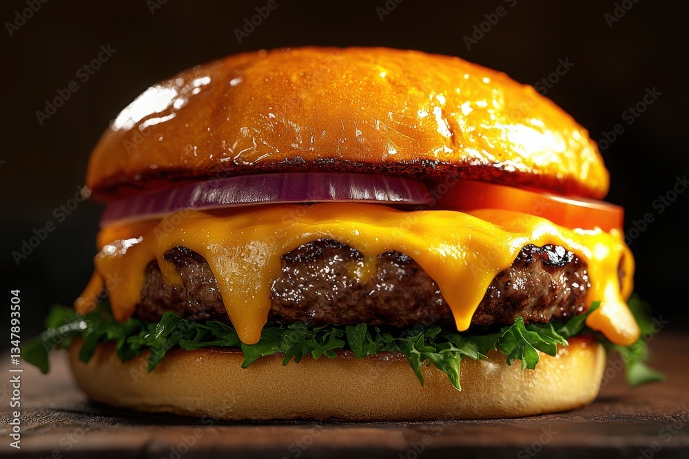 A delicious cheeseburger sits on a wooden board, showcasing a perfectly cooked beef patty, melted cheese, fresh lettuce, onion, and tomato slices. The warm lighting highlights its appetizing colors.