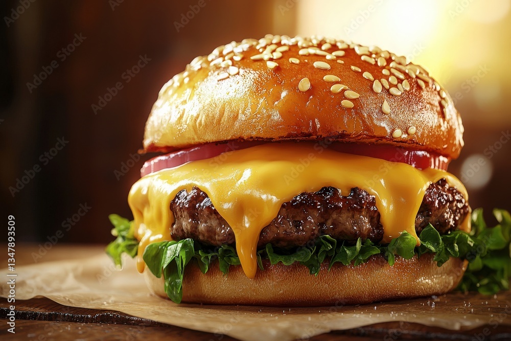 A juicy cheeseburger features melted cheddar cheese, fresh lettuce, and tomato, all tucked in a sesame seed bun. The golden light of sunset enhances the appetizing display on a rustic wooden table.