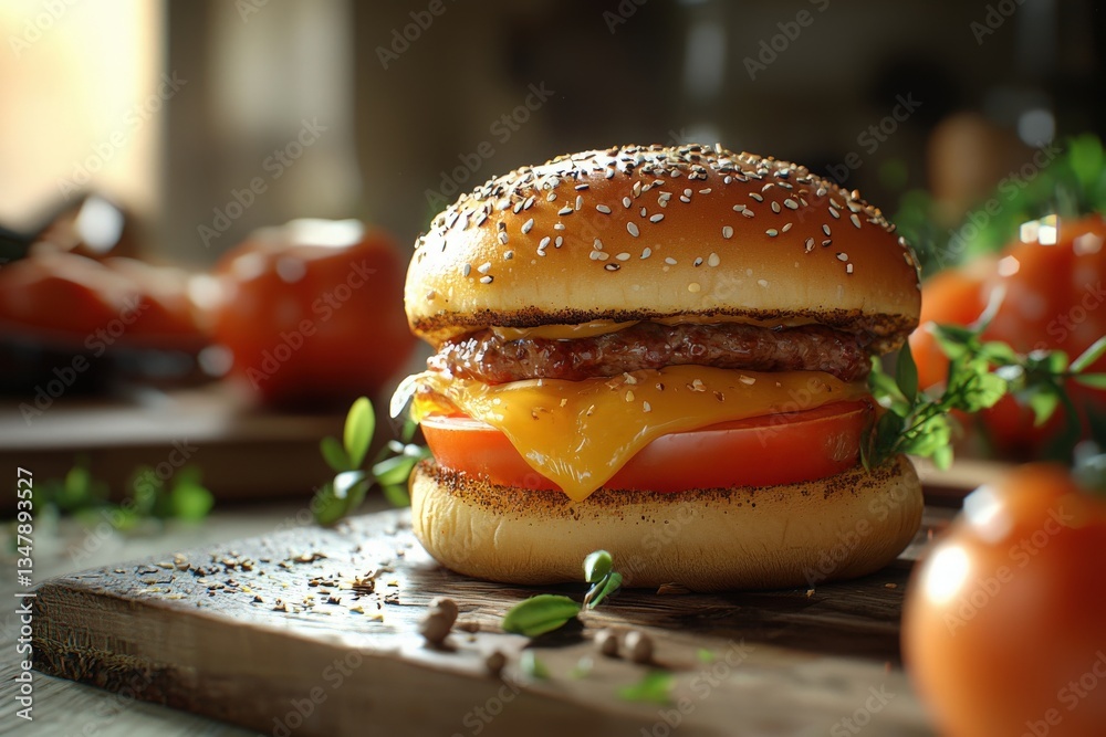 A delicious burger sits on a wooden cutting board, featuring a sesame seed bun, melted cheese, a beef patty, and fresh tomato slices, surrounded by vibrant tomatoes and herbs.