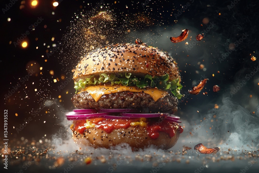 A mouthwatering cheeseburger sits majestically, showcasing a beef patty, melted cheese, fresh lettuce, and onions.