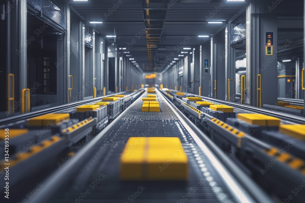 Rows of conveyor belts transport yellow packages through a modern warehouse. The setting features a sleek industrial design with overhead lighting, emphasizing the busy logistics environment.