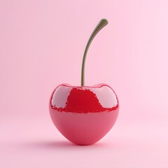 Poster - A single, heart-shaped cherry with a glossy finish sits against a pale pink background. A minimalist still life image. Fruit Isolated on a white background. Lush Cherry Tree