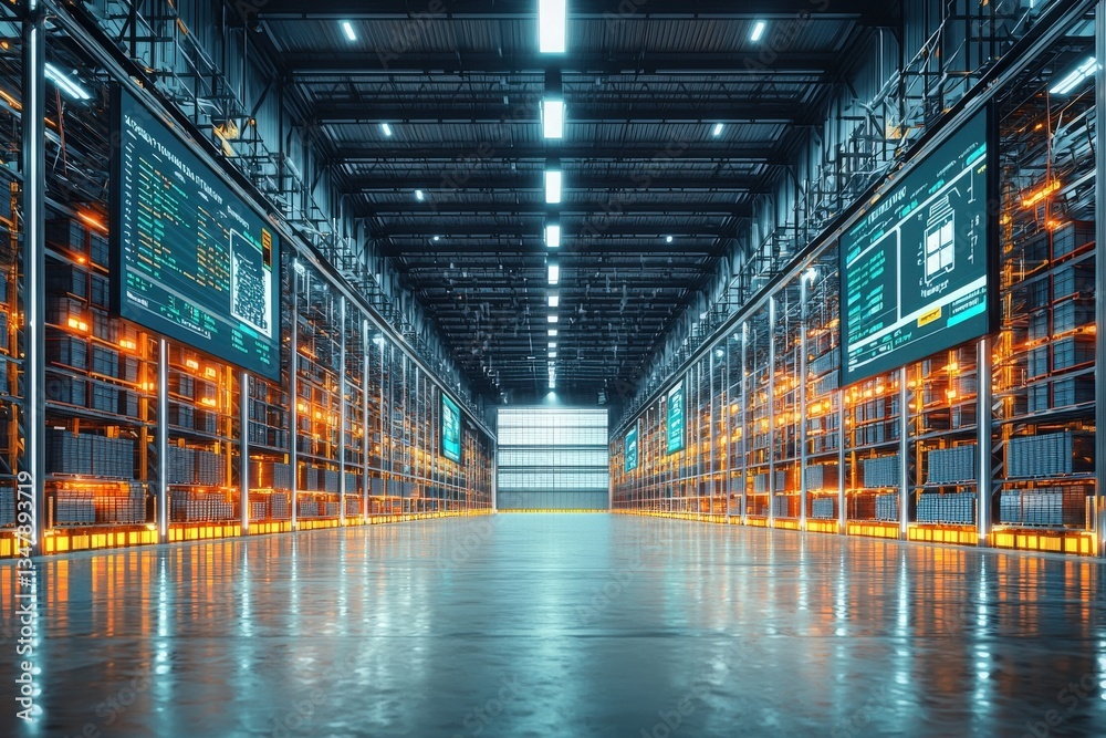 A modern warehouse features bright lighting, sleek shelves stacked with goods, and large digital screens displaying information. The environment showcases advanced technology and efficiency.