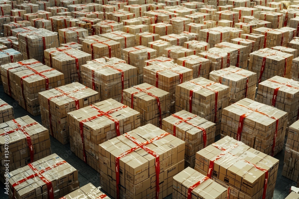 Numerous cardboard boxes are arranged methodically in a spacious warehouse, each secured with red straps. The setting suggests a busy shipping hub, filled with merchandise ready for distribution.