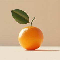 Poster - A single, ripe orange with a green leaf on a beige background. Minimalist style photography. Fruit Isolated on a white background. Clementine Fruits