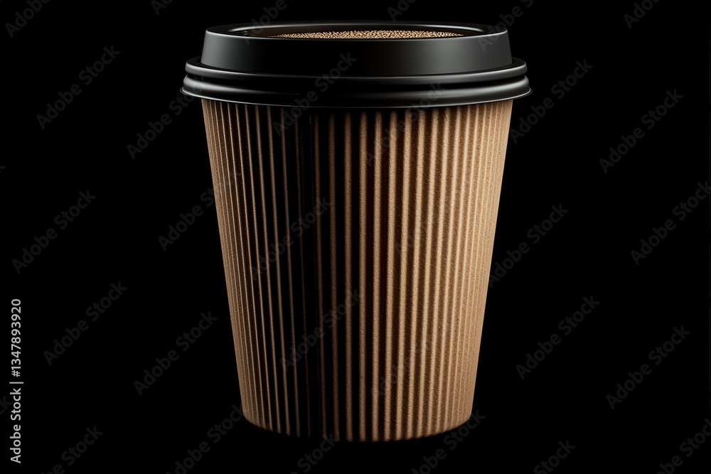 A paper coffee cup sits against a black background, showcasing its corrugated texture and simple design. The cup appears ready for a hot beverage, emphasizing its eco-friendly appeal.