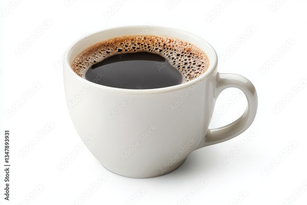 The black coffee in a white cup displays a rich, dark surface with a frothy layer. This inviting beverage is ideal for starting the day or enjoying a mid-afternoon break.