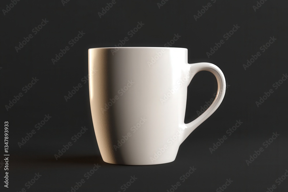 A simple white ceramic mug stands elegantly against a dark background. The mug has a smooth surface and a comfortable handle, showcasing its minimalist design.