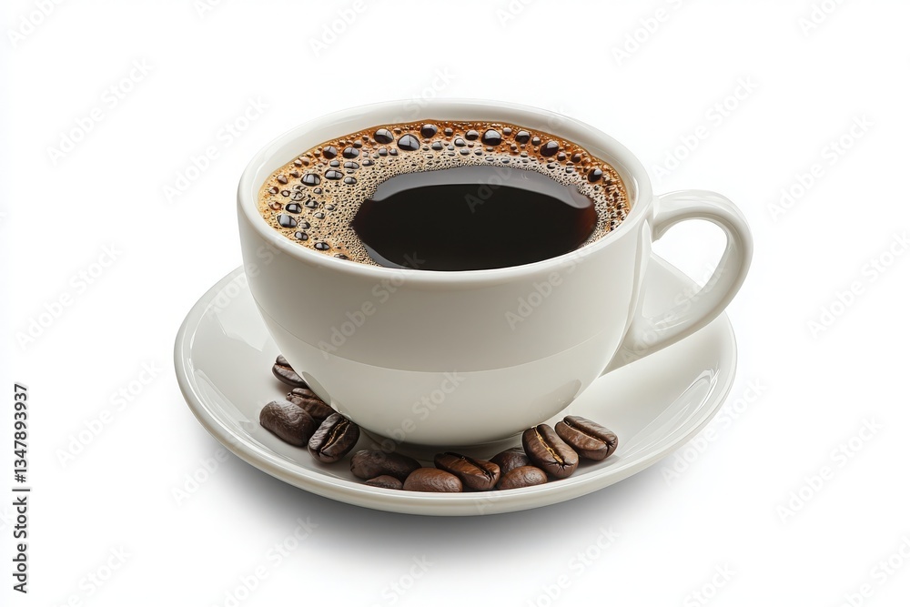 A steaming cup of coffee sits on a saucer, with glossy coffee beans scattered around. The rich, dark liquid is topped with bubbles, inviting warmth and comfort in each sip.
