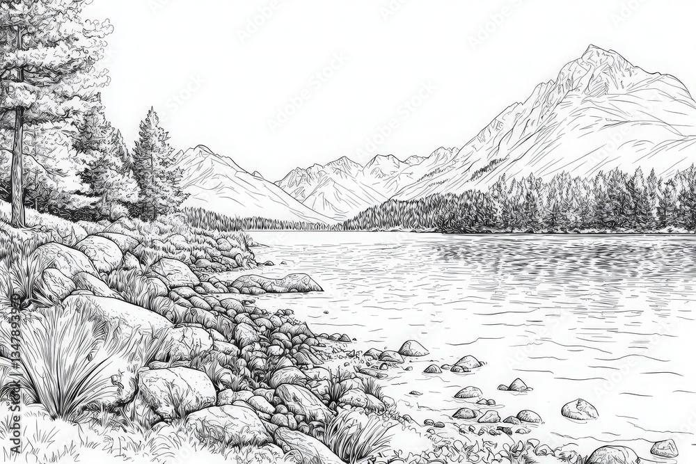 A serene lake landscape surrounded by towering mountains and lush trees. The clear water reflects the natural beauty, creating a peaceful atmosphere. Large rocks line the waters edge.