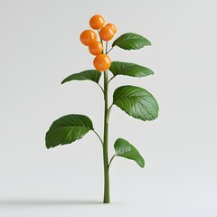 Poster - Close-up of a digitally rendered plant with vibrant orange berries and lush green leaves against a white background. Fruit Isolated on a white background. Juicy Cloudberry Fruits