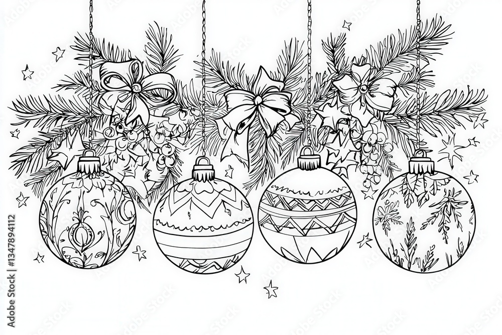 Four intricately designed Christmas ornaments dangle from a pine branch adorned with bows and holly. Stars fill the background, adding to the festive atmosphere.