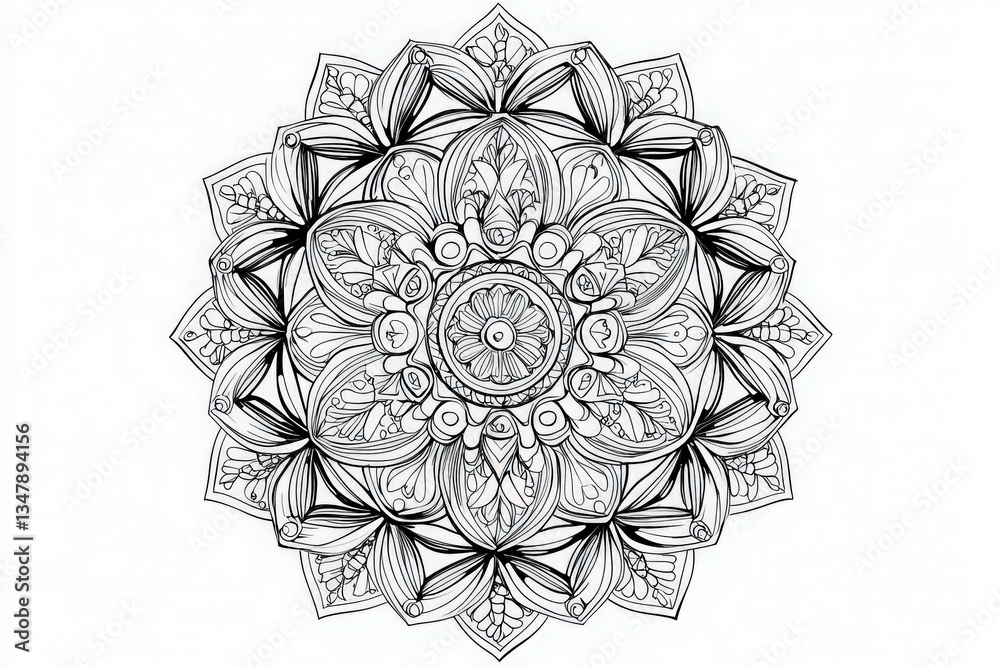 An elaborate mandala featuring numerous floral elements and geometric designs. The artwork highlights curves and symmetry, creating a visually captivating piece ideal for relaxation and creativity.