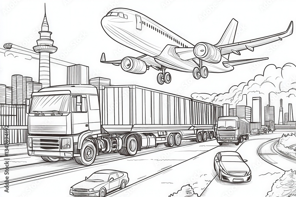 Large trucks transport shipping containers in a bustling city environment, while an airplane flies overhead. The skyline features modern buildings and a communication tower, creating a dynamic scene.