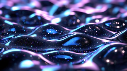 Aufkleber - Close-up view of shimme dark liquid surface with undulating waves illuminated by vibrant purple and blue neon lights and tiny glitte particles
