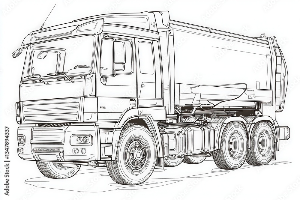 A line drawing of a garbage truck highlights its robust structure and features. The design captures the trucks large tires, cab, and rear-loading mechanism, emphasizing its utility.