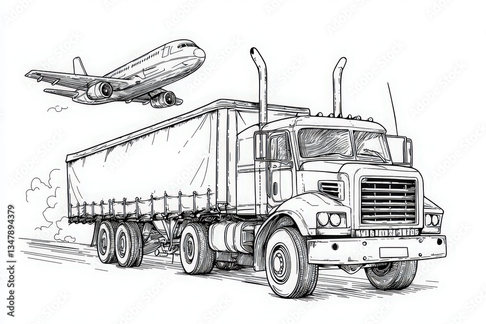 A large truck drives along a road, hauling a trailer loaded with cargo, while an airplane ascends into the sky above. This scenario showcases transportation on land and air.