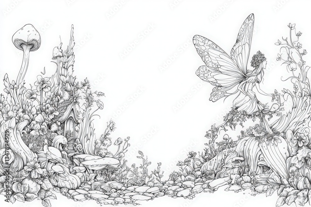 A fairy gracefully dances in a vibrant garden filled with numerous flowers, mushrooms, and whimsical details.