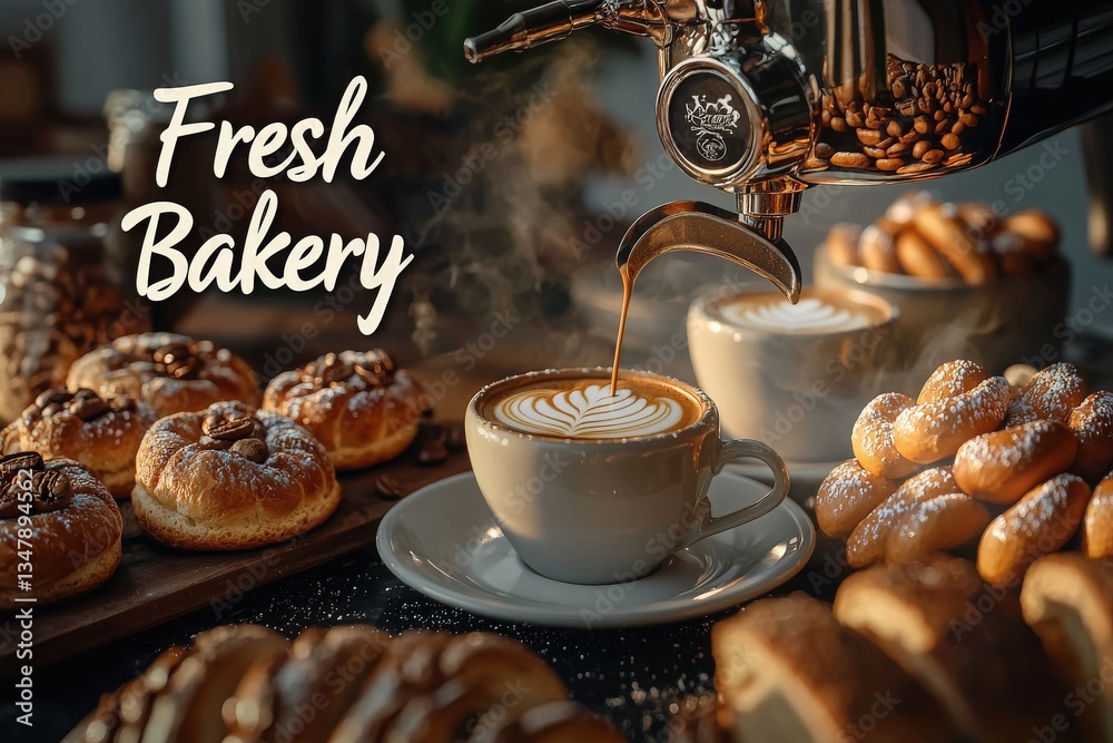 A cup of steaming latte is poured from an espresso machine beside an array of baked goods. The warm lighting creates an inviting vibe, perfect for enjoying fresh pastries and coffee.
