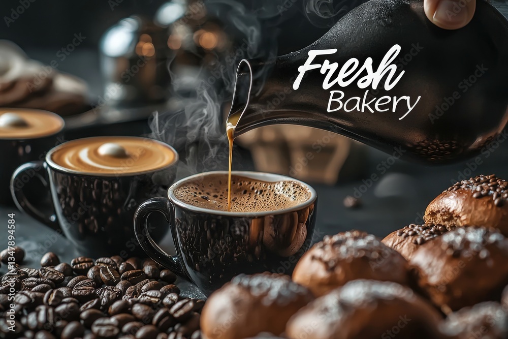 A hand pours rich coffee into a small cup surrounded by baked goods and coffee beans. The warm ambiance highlights a bakery vibe with enticing aromas and freshly made treats.