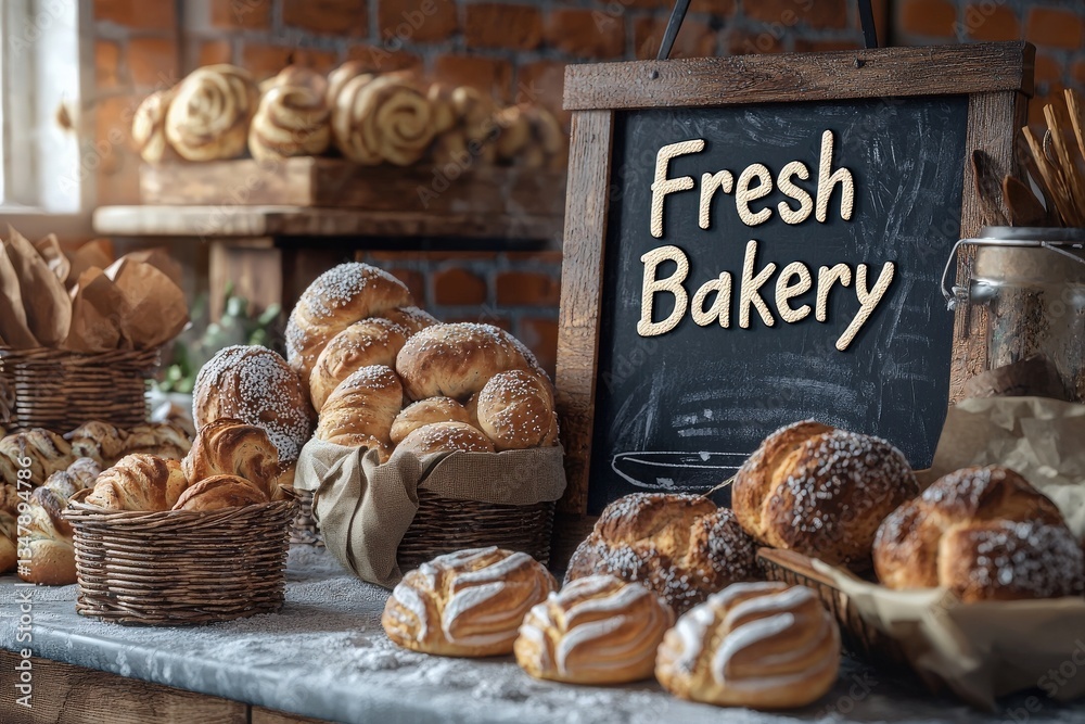A beautifully arranged bakery showcases a variety of fresh breads and pastries. The rustic atmosphere is enhanced by warm lighting and wooden textures, inviting customers to indulge.