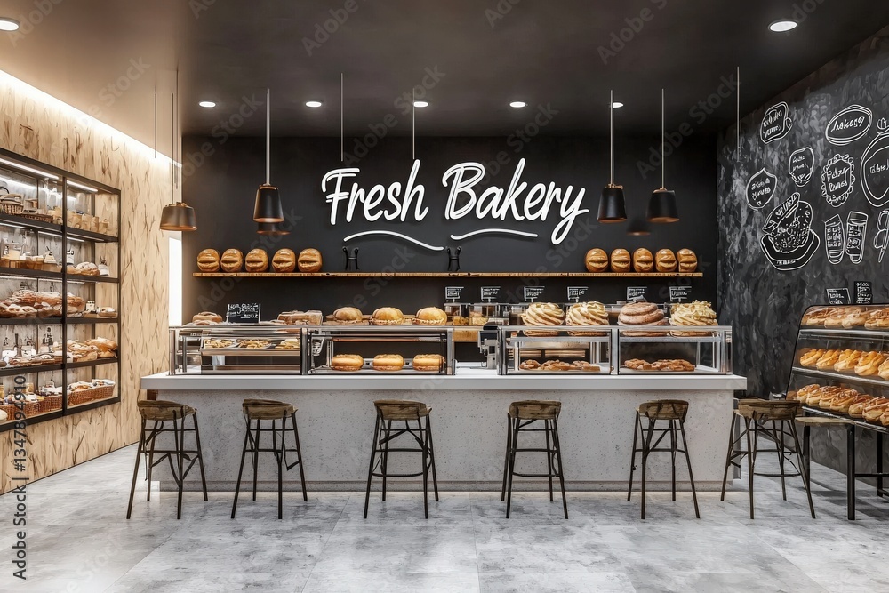 A contemporary bakery features a clean design with wooden shelves filled with assorted breads and pastries. Counter displays highlight fresh items, inviting customers to indulge.
