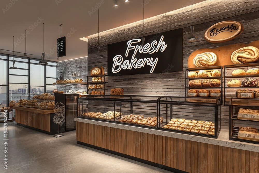 This bright bakery features wooden displays filled with an assortment of freshly baked bread and pastries, inviting customers to enjoy delicious treats in a contemporary atmosphere.