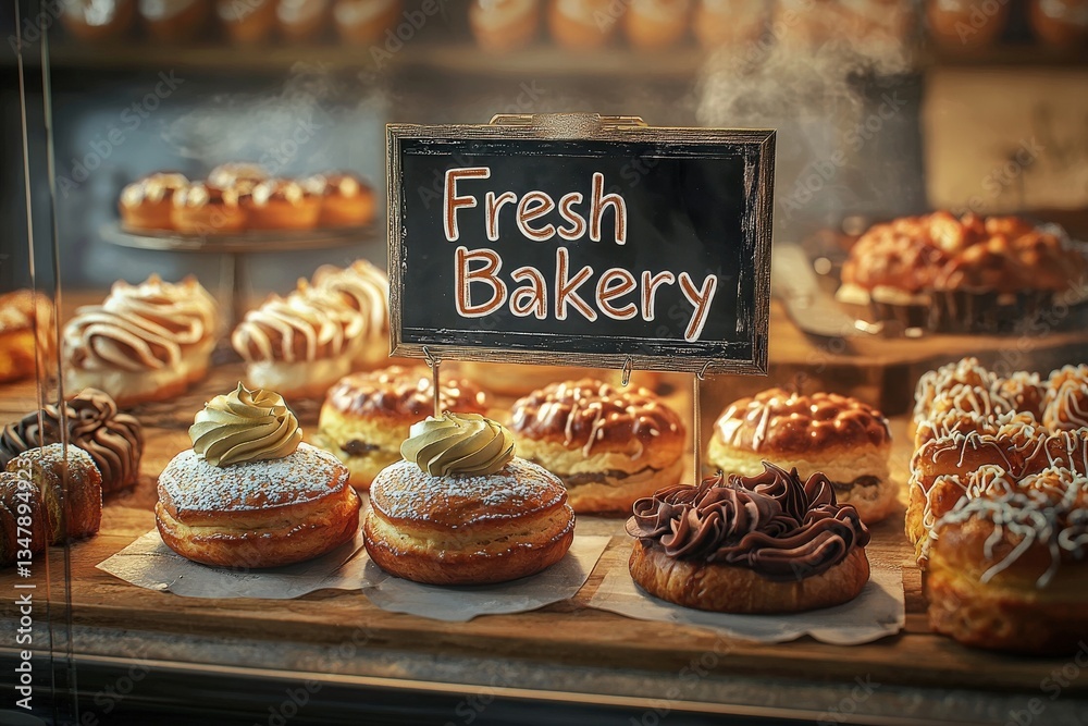 A selection of fresh pastries, including donuts topped with cream and decorative icing, is beautifully arranged. A sign reading Fresh Bakery highlights the inviting atmosphere of this warm space.