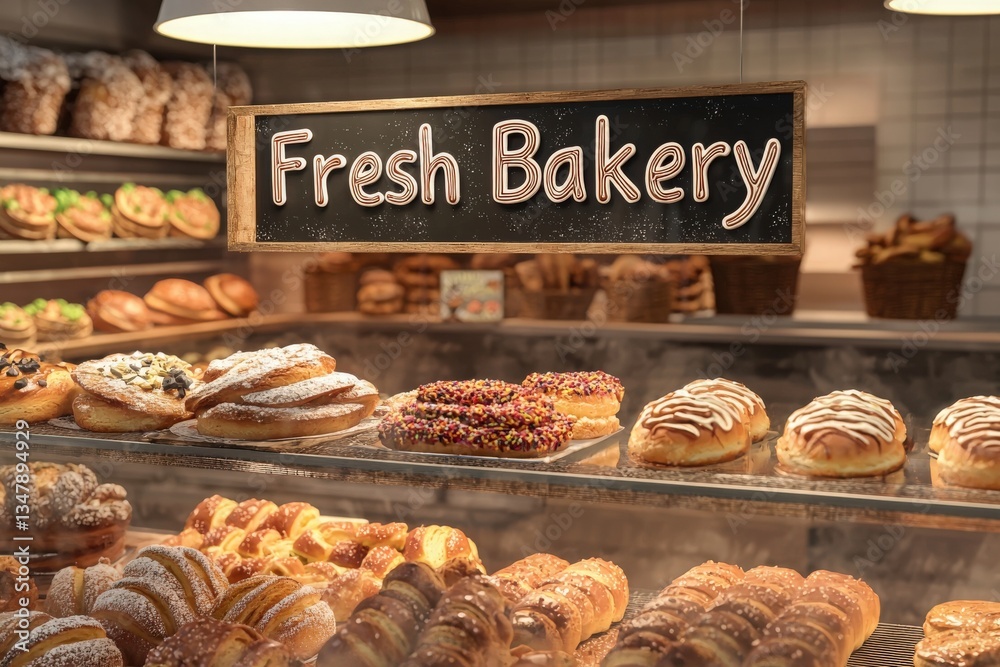 Shelves in a bakery showcase various fresh pastries and baked goods. Delicious treats including donuts, breads, and desserts are artfully arranged, creating an inviting atmosphere for customers.
