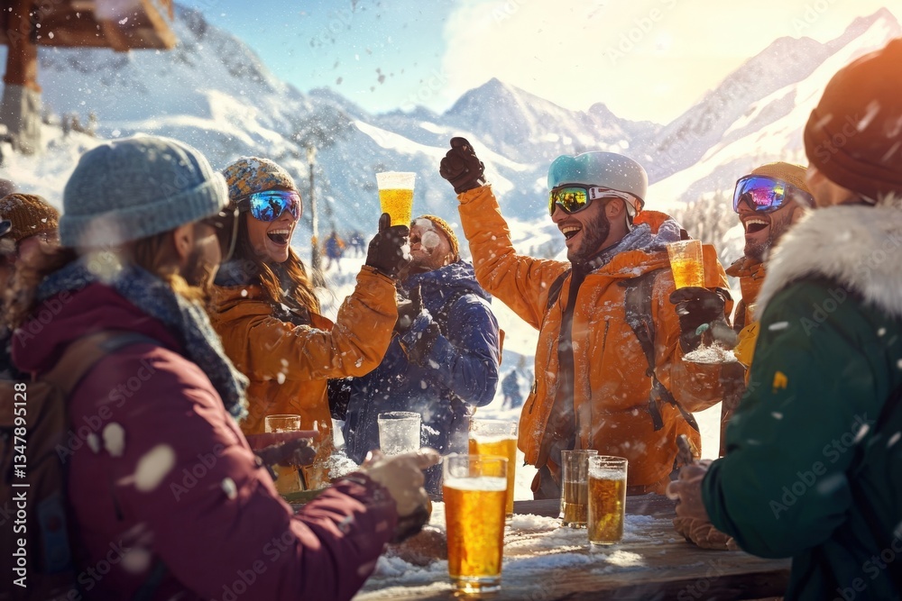 A group of friends in bright winter attire enjoys drinks together outside a mountain lodge. Snow falls lightly as they laugh, celebrating a joyful day in the snow under a clear blue sky.
