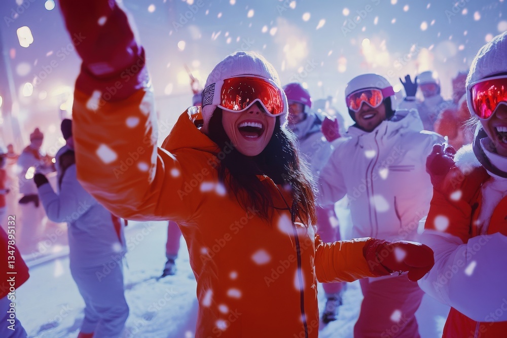 Group of people dressed in colorful winter gear celebrate joyfully in a snowy setting at night. Snowflakes fall around as they dance and smile, creating a lively atmosphere filled with excitement.