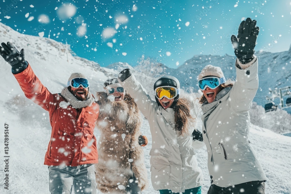 A group of four friends enjoys a snowy day in the mountains, dressed in winter gear. They cheer and pose playfully as snowflakes fall around them, embodying the spirit of winter fun.