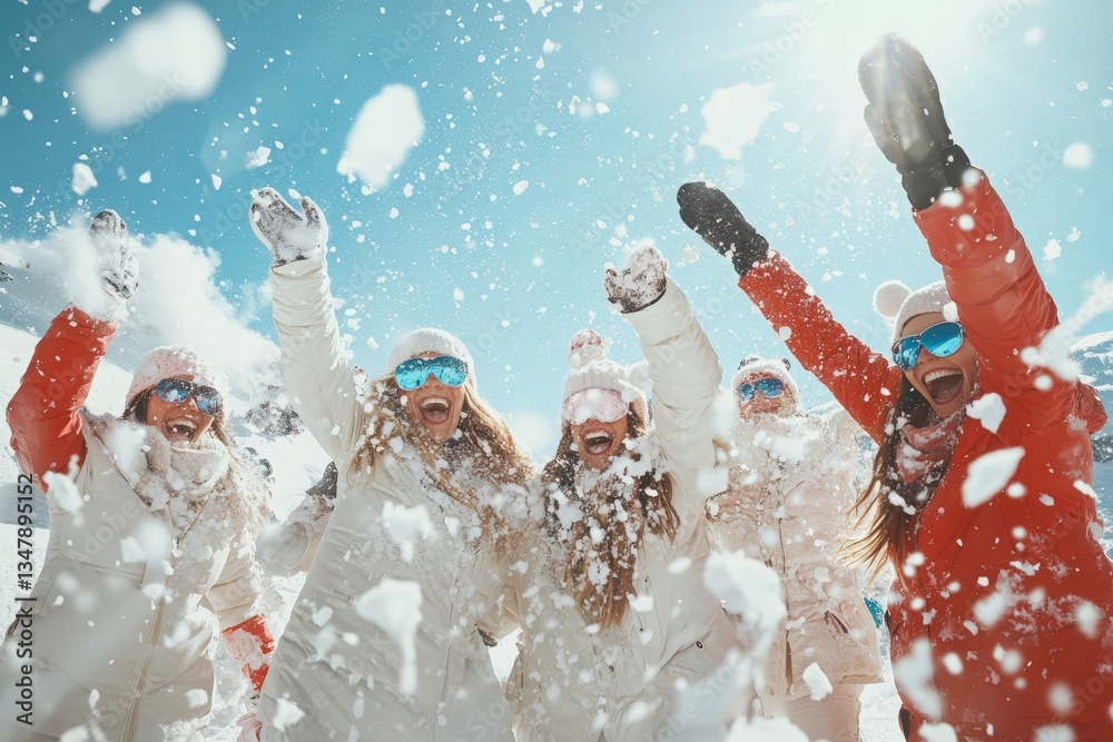 A group of six friends dressed in warm winter coats and colorful sunglasses joyfully tosses snow into the air in a picturesque snowy location.