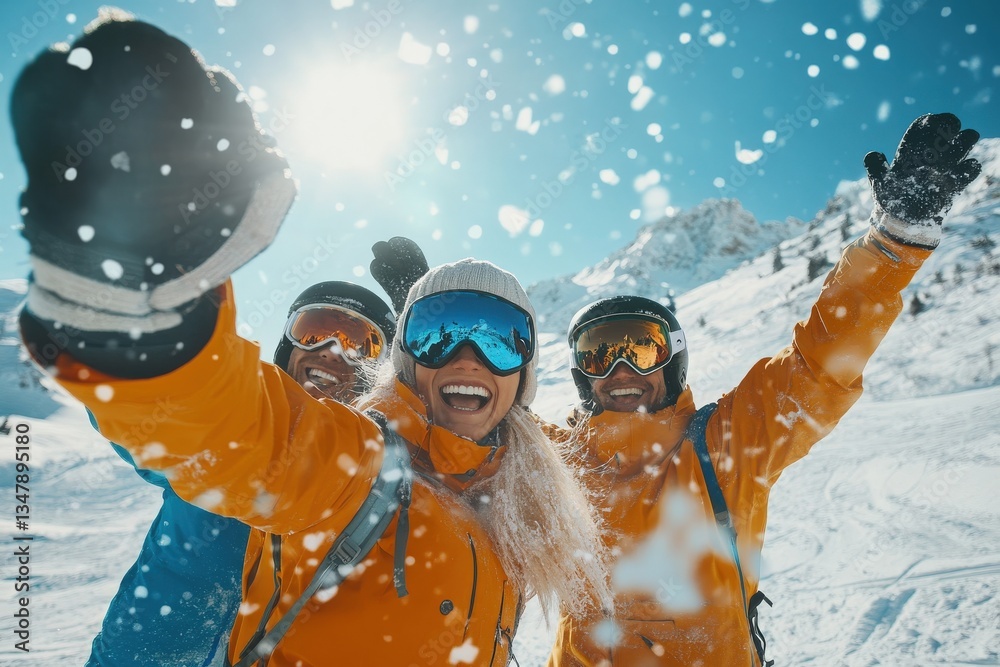 Three friends in bright orange ski jackets cheer with excitement on a snowy slope. They are surrounded by sparkling snowflakes, enjoying a sunny day in the mountains.