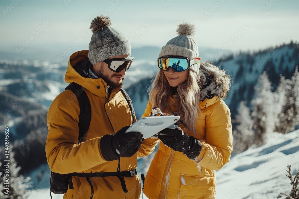 Two skiers dressed in colorful winter jackets and hats are checking a tablet together against a stunning snowy mountain backdrop. The sky is clear and bright, indicating a beautiful day.