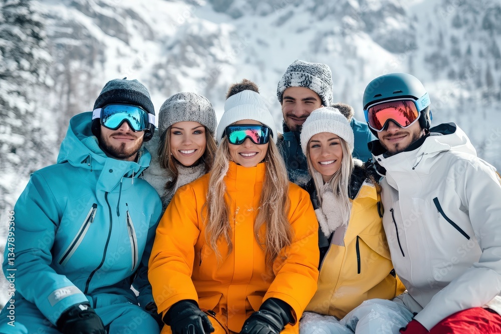 Six friends in colorful winter gear gather in the snowy mountains, smiling for a photo after a fun day of skiing and snowboarding in a beautiful landscape.