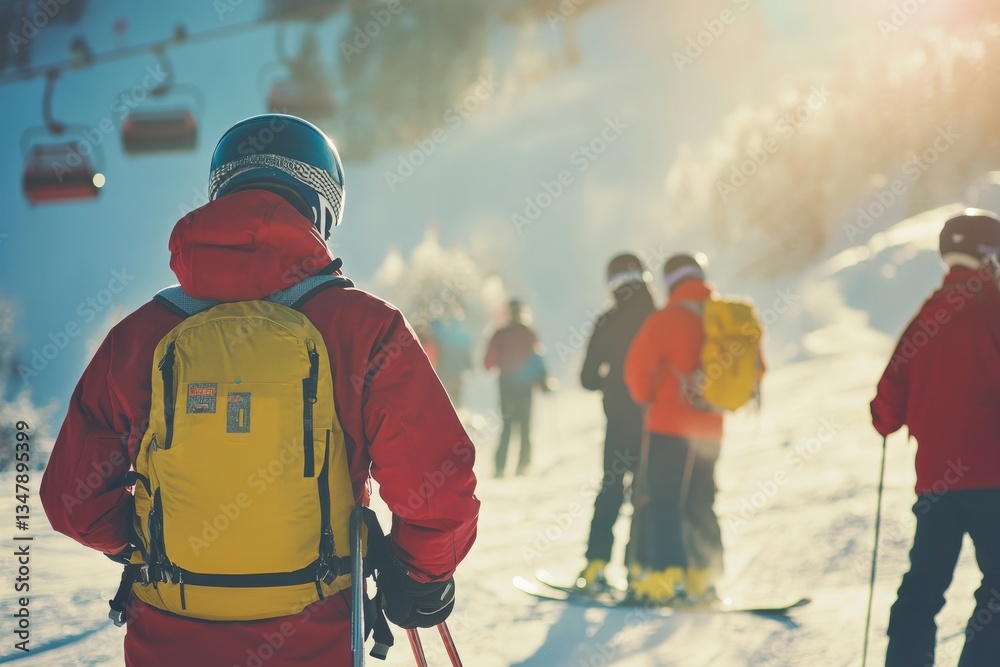 Ski enthusiasts navigate the snowy terrain under clear skies, while ski lifts gently ascend nearby. The warm sunlight enhances the joyful atmosphere of the winter sport.