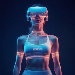 Poster - A woman in a white tank top stands in front of a black background with a futuristic look. She is wearing a pair of virtual reality goggles and has a futuristic vibe