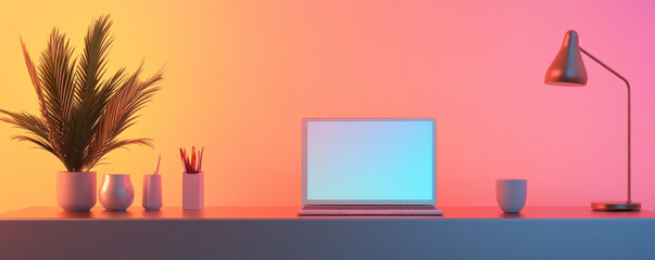 Poster - A laptop sits on a desk next to a potted plant and a cup. The desk is decorated with a vase and a bowl. Concept of productivity and relaxation, as the laptop and plant suggest work