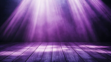 Poster - A purple light is shining on a wooden floor. The light is bright and creates a sense of depth and space. The room appears to be empty, with no furniture or people visible