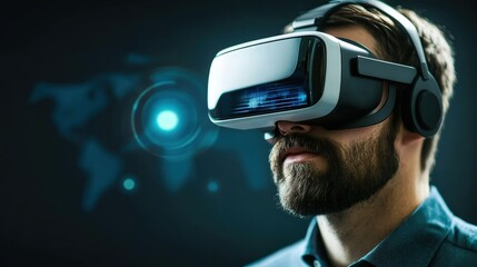 Poster - Serious bearded man wea virtual reality headset against a blurry world map background with a glowing circle, explo new dimensions of digital experience