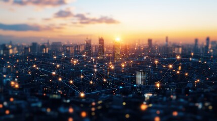 Poster - Panoramic sunset view of a futuristic cityscape with a luminous network of interconnected nodes symbolizing advanced digital connectivity technology
